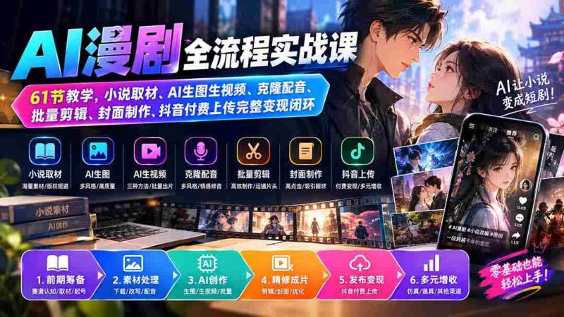 (20199期)AI漫剧全流程实战课|61节教学,小说取材、AI生图生视频、克隆配音、批量剪辑、封面制作、抖音付费上传完整变现闭环-一起发