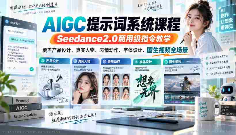 AIGC提示词系统课程,Seedance2.0商用级指令教学,覆盖产品设计、真实人物、表情动作、字体设计、图生视频全场景