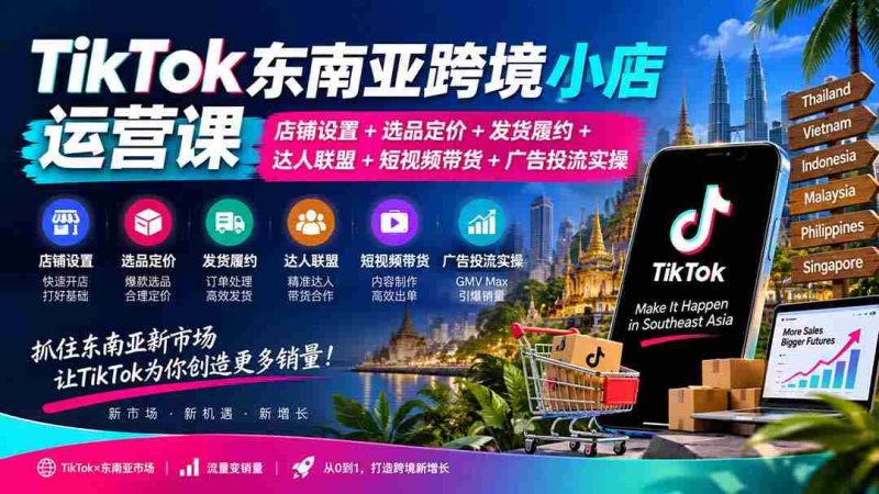 TikTok东南亚跨境小店运营课:店铺设置+选品定价+发货履约+达人联盟+短视频带货+广告投流实操-一起发