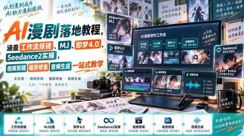 AI漫剧落地教程,涵盖工作流搭建、MJ、即梦4.0、Seedance2实操,视频剪辑画质修复音频生成一站式教学-一起发