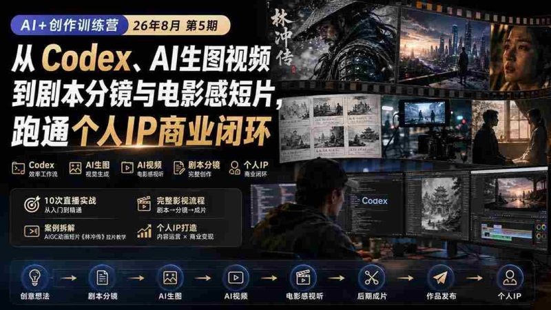 (20145期)AI+创作训练营26年8月第5期:从Codex、AI生图视频到剧本分镜与电影感短片,跑通个人IP商业闭环-一起发