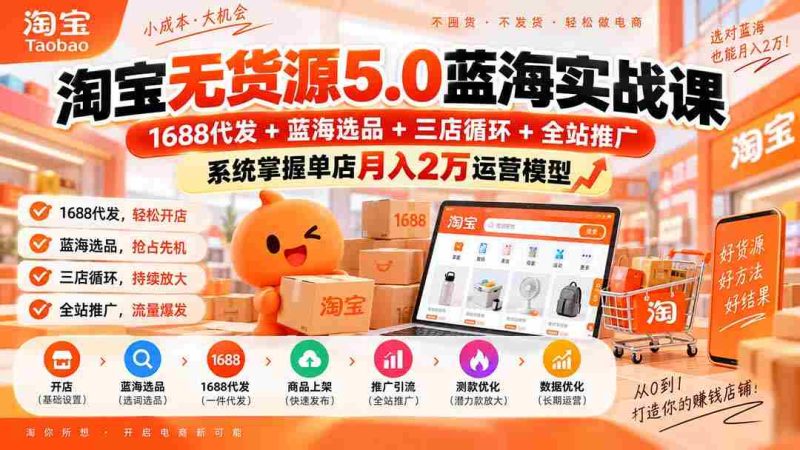 淘宝无货源5.0蓝海实战课-更新:1688代发+蓝海选品+三店循环+全站推广,系统掌握单店月入2万运营模型-一起发