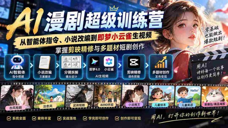 AI漫剧超级特训营:从智能体指令、小说改编到即梦小云雀生视频,掌握剪映精修与多题材短剧创作-一起发