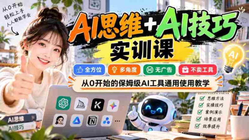 【无水印】AI思维+AI技巧实训课，全方位、多角度、无广告、不卖工具，从0开始的保姆级AI工具通用使用教学-一起发