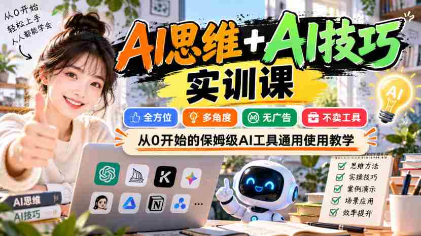 【无水印】AI思维+AI技巧实训课，全方位、多角度、无广告、不卖工具，从0开始的保姆级AI工具通用使用教学-一起发