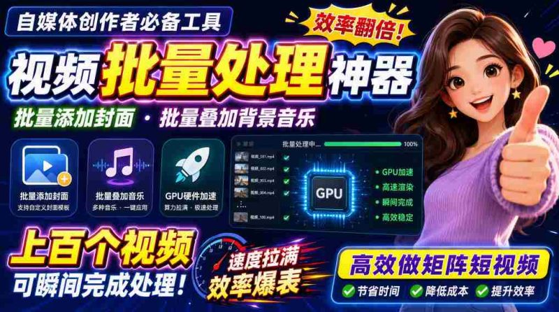视频批量加封面,把封面添加到视频第一帧,不用剪辑软件批量添加-一起发
