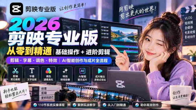 (20276期)2026剪映专业版从零到精通|基础操作+进阶剪辑|剪辑·字幕·调色·特效|AI智能创作与成片全流程-一起发