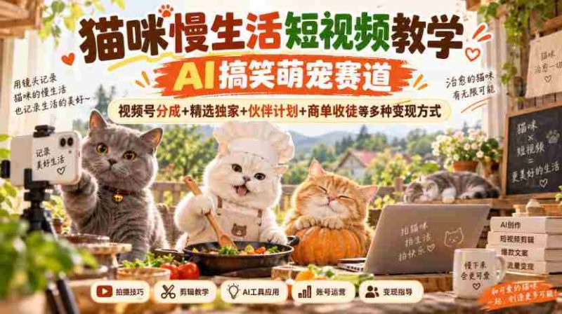 AI赋能萌宠搞笑短视频,猫主子悠闲日常攻略,一网打尽视频变现路径:平台分成、独家精选、合作招募与学徒招募多元收益攻略-一起发