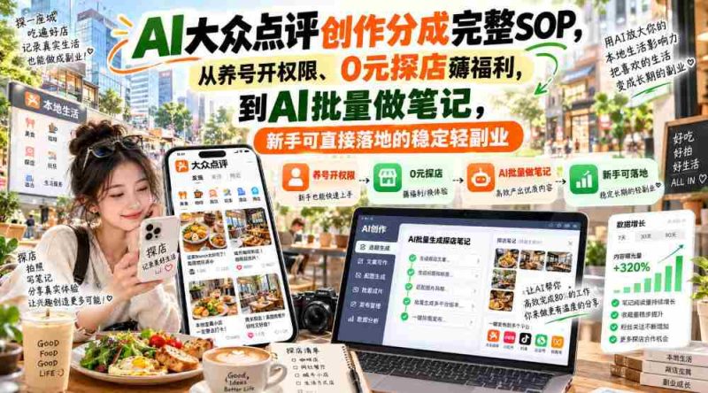 零基础上手】AI点评达人分成攻略全解析:从账号运营到福利领取,AI笔记批量制作,轻松开启副业新篇章-一起发