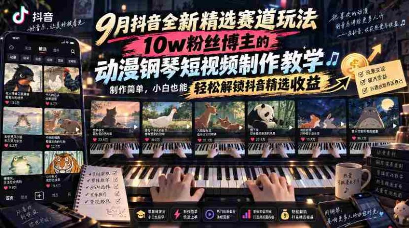 9月抖音全新精选赛道玩法,10w粉丝博主的动漫钢琴短视频制作教学,制作简单,小白也能轻松解锁抖音精选收益-一起发