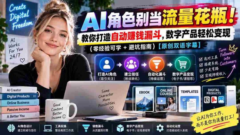 AI角色别当流量花瓶!教你打造自动赚钱漏斗,数字产品轻松变现(零经验可学+避坑指南)【原创双语字幕】-一起发