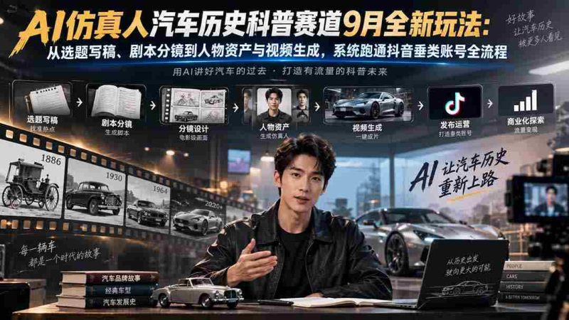 AI仿真人汽车历史科普赛道9月全新玩法:从选题写稿、剧本分镜到人物资产与视频生成,系统跑通抖音垂类账号全流程-一起发