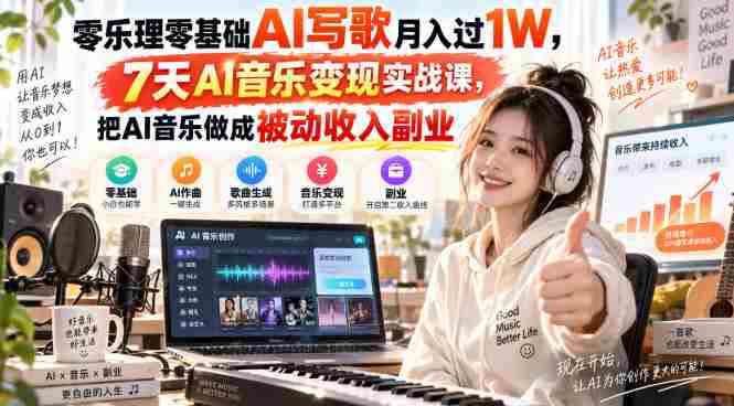 零乐理零基础AI写歌月入过1W,7天AI音乐变现实战课,把AI音乐做成被动收入副业-一起发