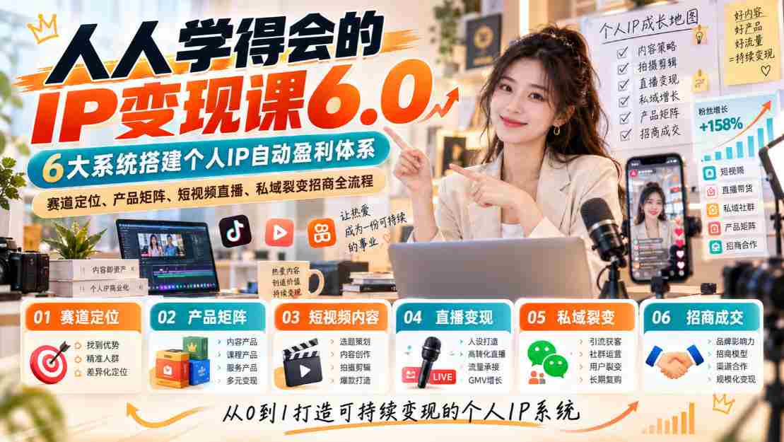 人人学得会的IP变现课6.0,6大系统搭建个人IP自动盈利体系,赛道定位、产品矩阵、短视频直播、私域裂变招商全流程