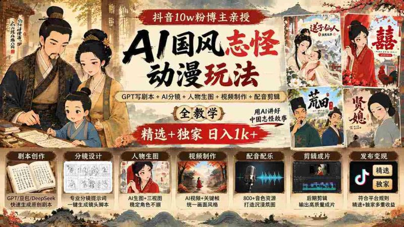 揭秘抖音百万粉丝大V揭秘AI国风动漫创作秘诀:GPT剧本编写+AI分镜指导+角色生图+视频剪辑制作全教程,精选攻略日入千元不是梦-一起发