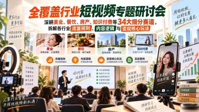聚焦短视频领域,深入探讨美业、餐饮、房产、知识付费等34个细分市场,解析行业流量密码、内容策略及盈利关键-一起发
