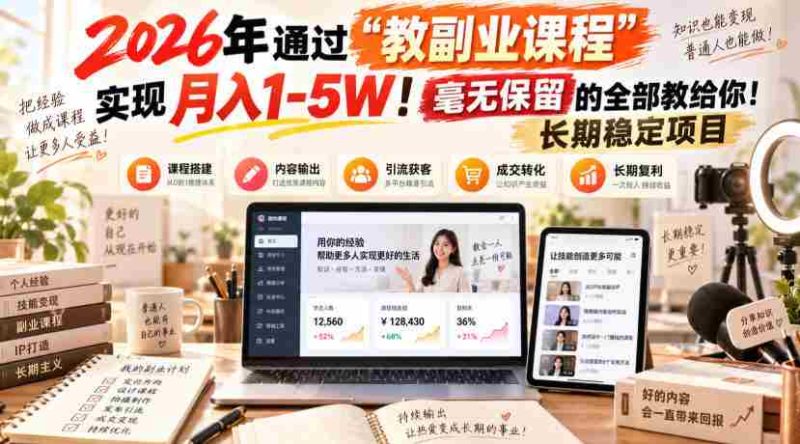 2026年通过“教副业课程”实现月入1-5W!毫无保留的全部教给你!长期稳定项目-一起发