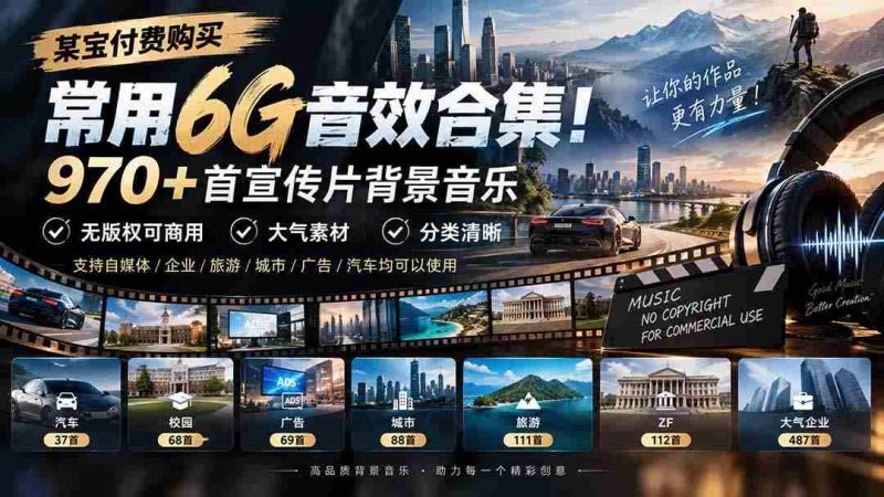 精选某宝付费音效包,囊括6G动感音乐库!千余首宣传片背景曲,商用无忧,分类详尽,大气素材尽在掌握-一起发