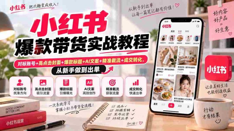 小红书爆款带货实战教程|对标账号+高点击封面+爆款标题+AI文案+精准截流+成交转化,从新手做到出单-一起发