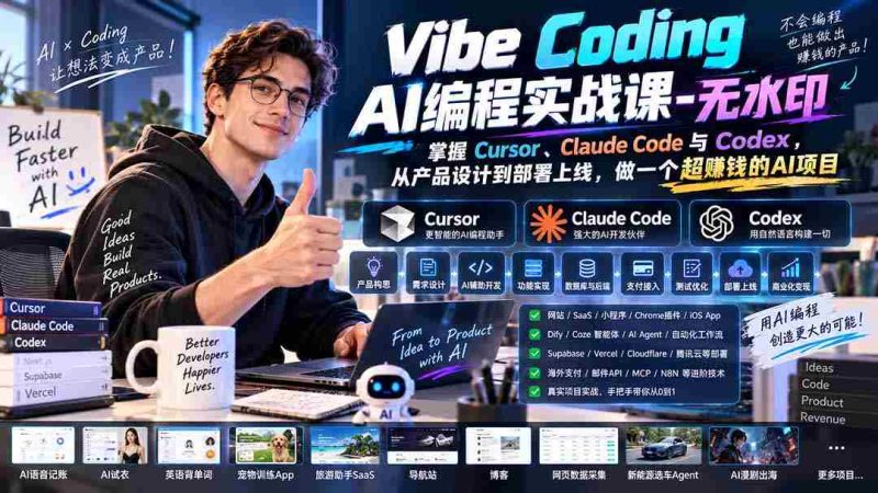 Vibe Coding AI编程实战课-无水印:掌握Cursor、Claude Code与Codex,从产品设计到部署上线,做一个超赚钱的AI项目-一起发
