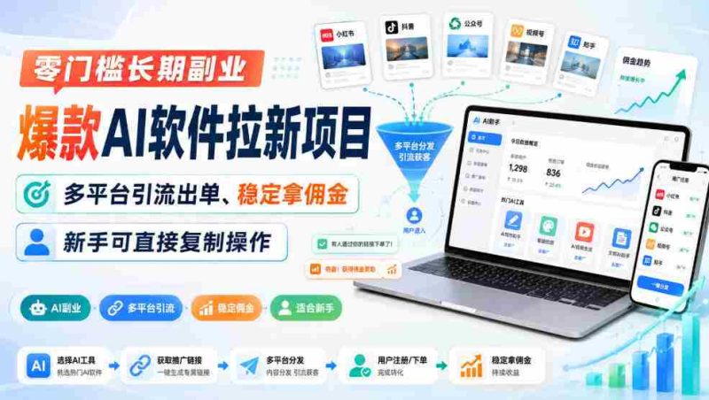 零门槛长期副业,爆款AI软件拉新项目,多平台引流出单、稳定拿佣金,新手可直接复制操作-一起发