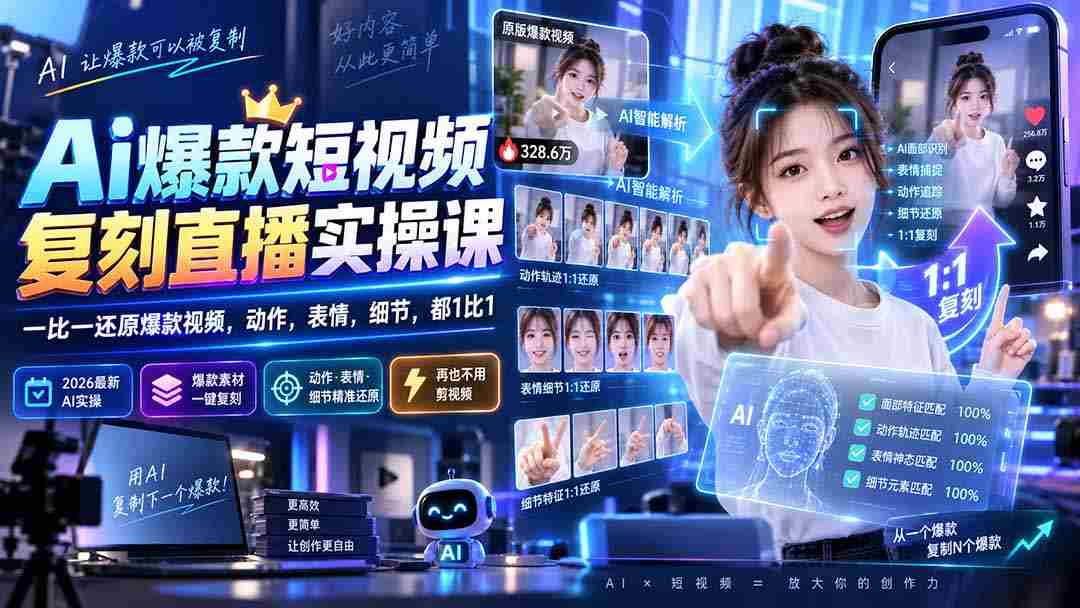 （20304期）最新Ai爆款短视频复刻直播实操课，一比一还原爆款视频，动作，表情，细节，都1比1-一起发