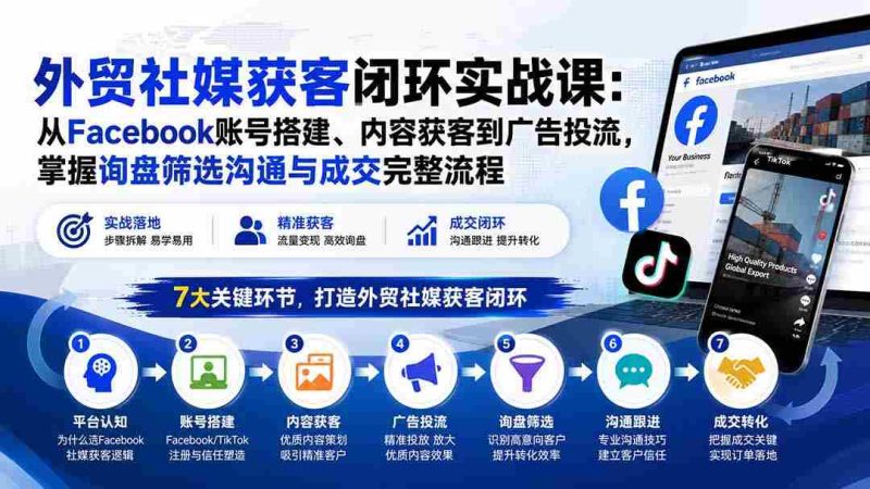(20218期)外贸社媒获客闭环实战课:从Facebook账号搭建、内容获客到广告投流,掌握询盘筛选沟通与成交完整流程-一起发