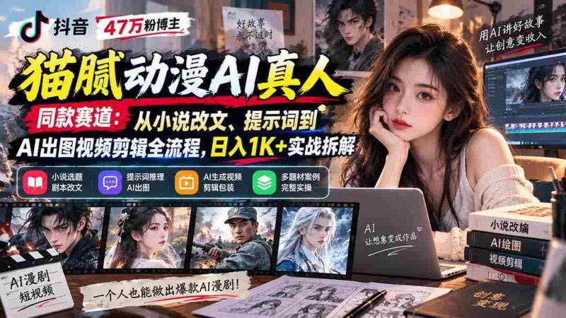 抖音47万粉博主猫腻动漫AI真人同款赛道:从小说改文、提示词到AI出图视频剪辑全流程,日入1K+实战拆解-一起发