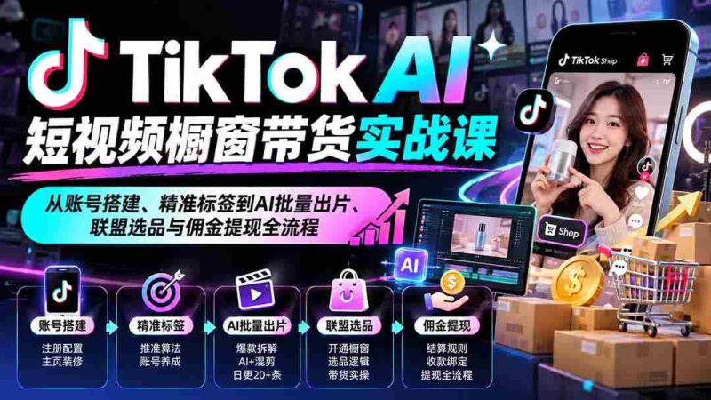 TikTok AI短视频橱窗带货实战课:从账号搭建、精准标签到AI批量出片、联盟选品与佣金提现全流程-一起发