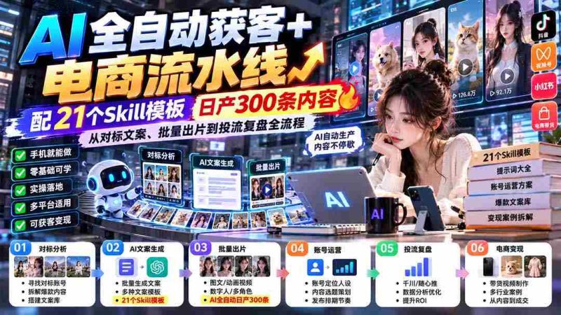 全新升级】AI智能化客户获取+电商内容生产线-最新版0928:附赠21款技能模板,日产出300篇高质量内容,涵盖对标文案、批量制作和投放广告的全环节-一起发