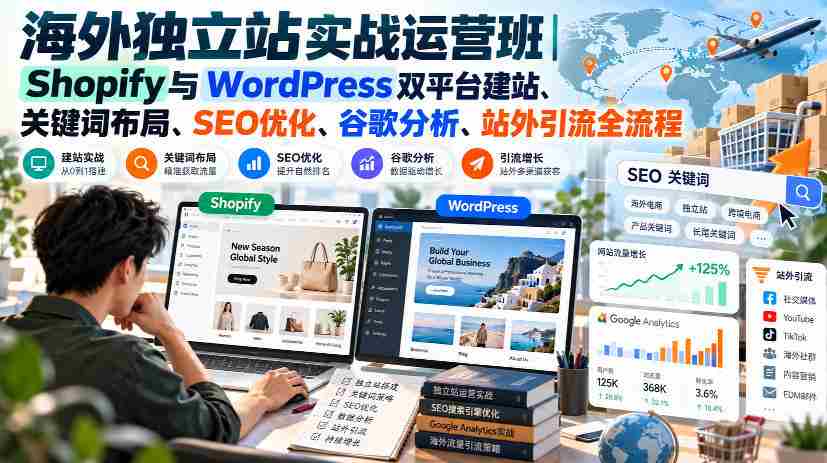 海外独立站实战运营班｜Shopify与WordPress双平台建站、关键词布局、SEO优化、谷歌分析、站外引流全流程-一起发
