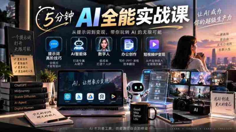 5分钟AI全能实战课|提示词高阶技巧+AI智能体+数字人+办公创作+短视频IP变现全教程-一起发