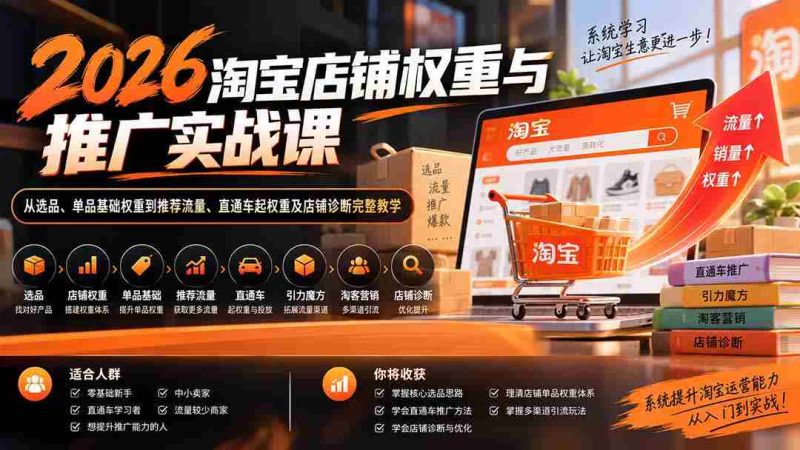 2026淘宝店铺权重与推广实战课：从选品、单品基础权重到推荐流量、直通车起权重及店铺诊断完整教学-一起发