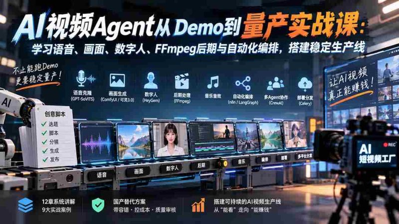 AI视频Agent从Demo到量产实战课:学习语音、画面、数字人、FFmpeg后期与自动化编排,搭建稳定生产线-一起发