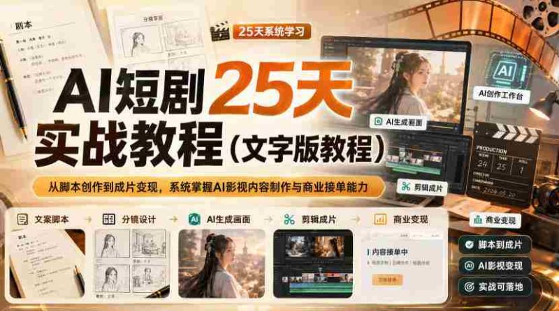 AI短剧25天实战教程(文字版教程),从脚本创作到成片变现,系统掌握AI影视内容制作与商业接单能力-一起发