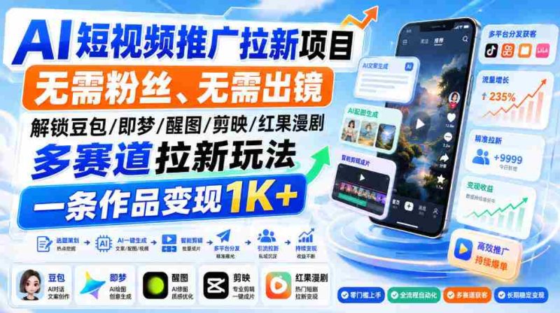 AI短视频推广拉新项目,无需粉丝、无需出镜,解锁豆包/即梦/醒图/剪映/红果漫剧多赛道拉新玩法,一条作品变现1K+-一起发