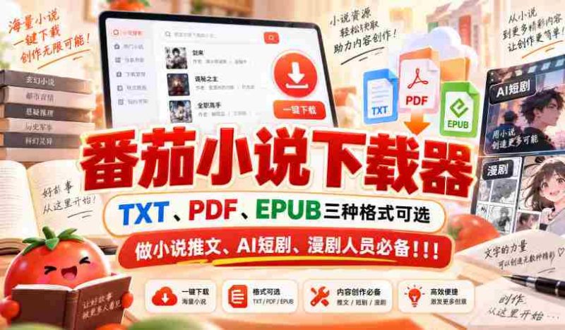 精选番茄小说下载神器，支持TXT、PDF、EPUB格式，小说推广、AI短剧、漫画剧制作必备利器！-一起发