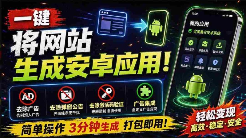 (20305期)目前最好用,一键将网站生成安卓应用!支持去除广告、弹窗公告、激活码验证、广告集成等 web-to-app-一起发