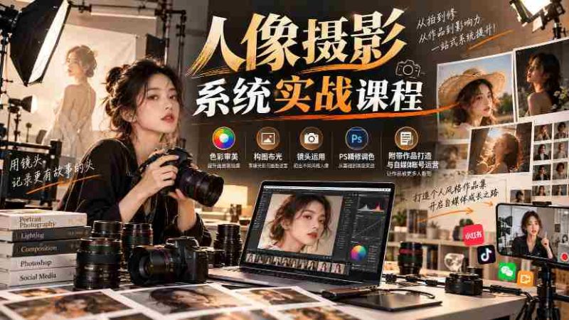 深度解析】人像摄影全攻略:色彩美学、构图布光技巧、镜头操作秘籍,PS后期精修调色,作品创作与自媒体运营一网打尽-一起发