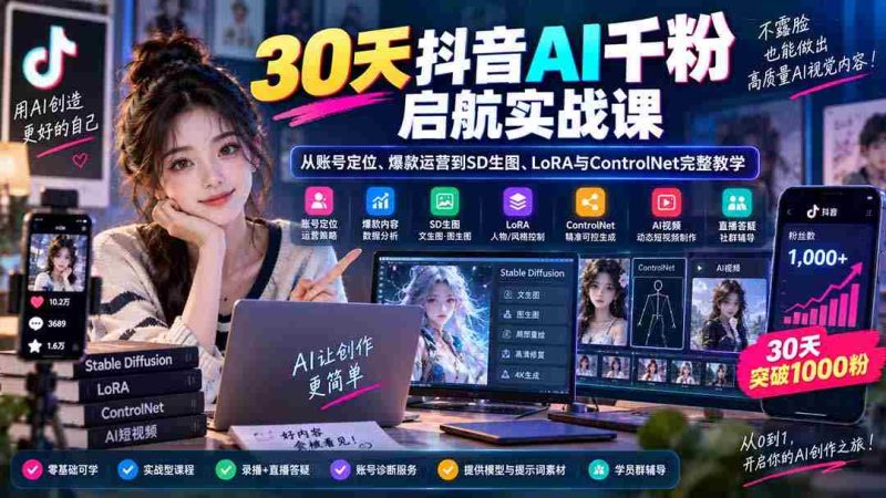 (20291期)30天抖音AI千粉启航实战课:从账号定位、爆款运营到SD生图、LoRA与ControlNet完整教学-一起发