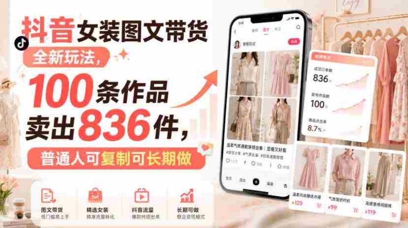 抖音女装图文带货全新玩法,100条作品卖出836件,普通人可复制可长期做-一起发