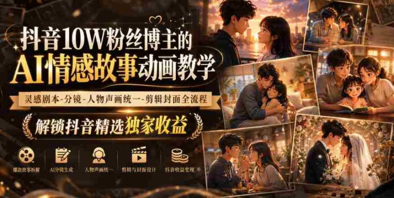 抖音10W粉丝博主的AI情感故事动画教学,灵感剧本‑分镜‑人物声画统一‑剪辑封面全流程,解锁抖音精选独家收益-一起发