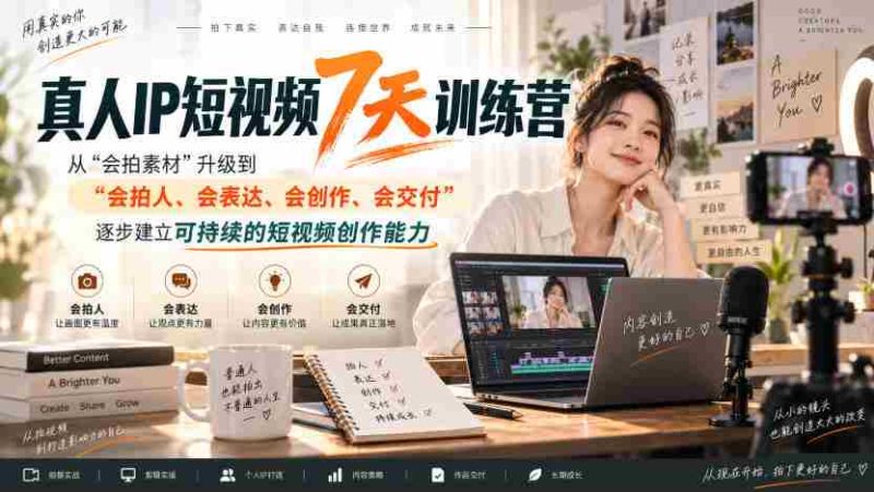 真人IP短视频7天训练营,从“会拍素材”升级到“会拍人、会表达、会创作、会交付”,逐步建立可持续的短视频创作能力-一起发