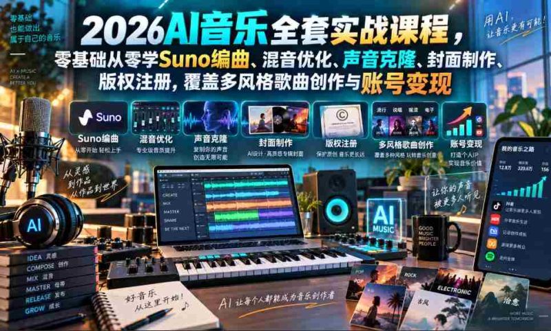 2026AI音乐制作实战攻略:零起点解锁Suno编曲、混音提升、声音复制与版权登记,多元风格创作助力账号盈利-一起发