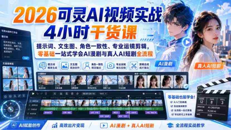 2026可灵AI视频实战4小时干货课|提示词、文生图、角色一致性、专业运镜剪辑,零基础一站式学会AI漫剧与真人AI短剧全流程-一起发