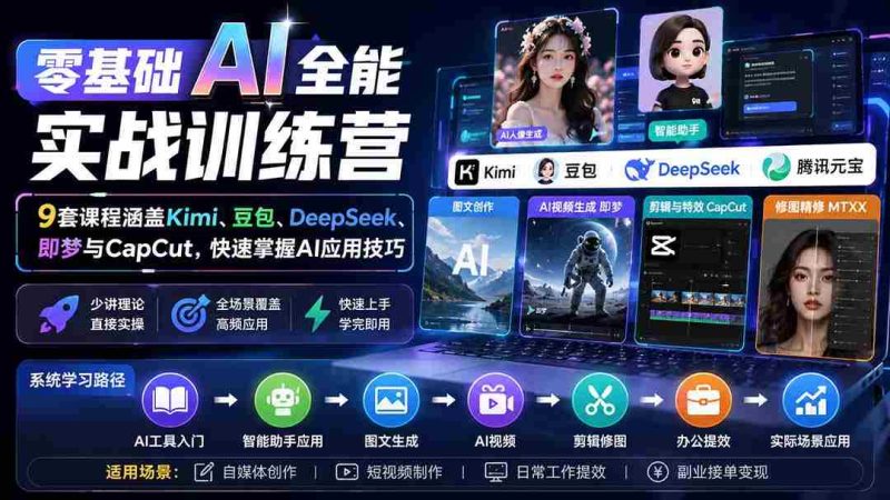 (20134期)零基础AI全能实战训练营:9套课程涵盖Kimi、豆包、DeepSeek、即梦与CapCut,快速掌握AI应用技巧-一起发