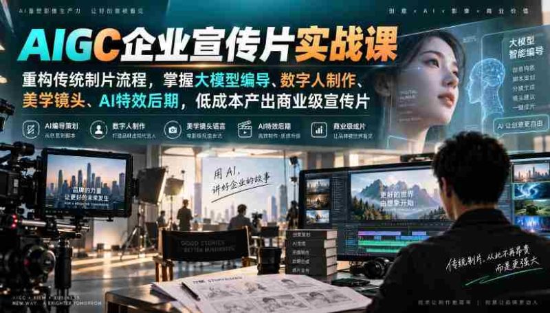颠覆传统影视制作!AIGC实战培训,深度解析大模型编导技巧、数字人制作艺术、美学镜头捕捉与AI特效后期,轻松打造低成本商业级宣传片-一起发
