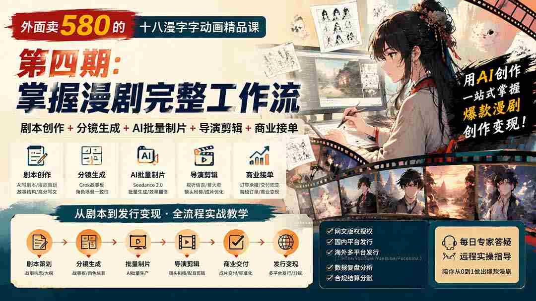 外面卖580的十八漫字字动画精品课-第四期-更新：剧本创作+分镜生成+AI批量制片+导演剪辑+商业接单，漫剧完整工作流-一起发