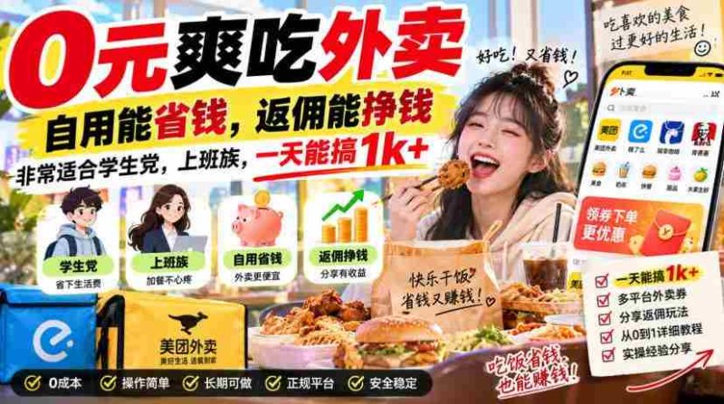 0元爽吃外卖,自用能省钱,返佣能挣钱,非常适合学生党,上班族,一天能搞1k+-一起发