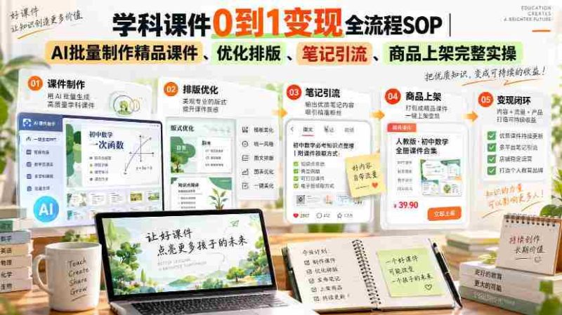 学科课件0到1变现全流程SOP|AI批量制作精品课件、优化排版、笔记引流、商品上架完整实操-一起发
